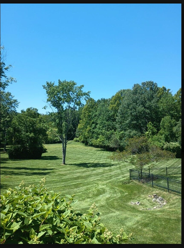 Large property lawn mowing in Cleveland, Ohio Large open property lawn with fresh mowing stripes running to a tree line in Cleveland, Ohio